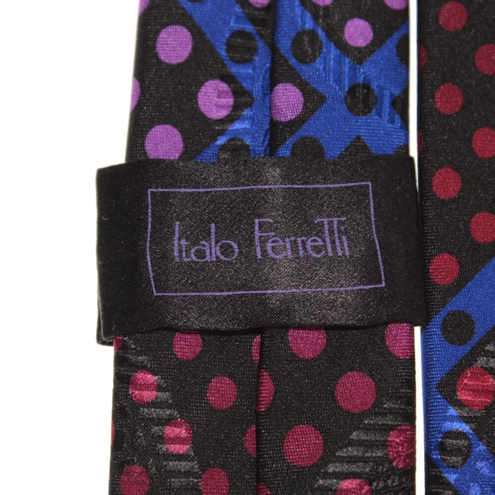 Italo Ferretti NWT Neck Tie in Black with Multicolor Polka Dots 100% Silk
